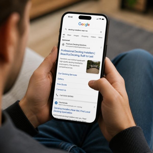 Person scrolling on cell phone and being served Google Ads for decking.